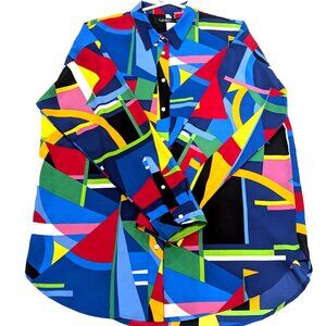 Ralph Lauren Women's Crepe Geometric Nautical Vibrant Long Sleeve Blouse XL